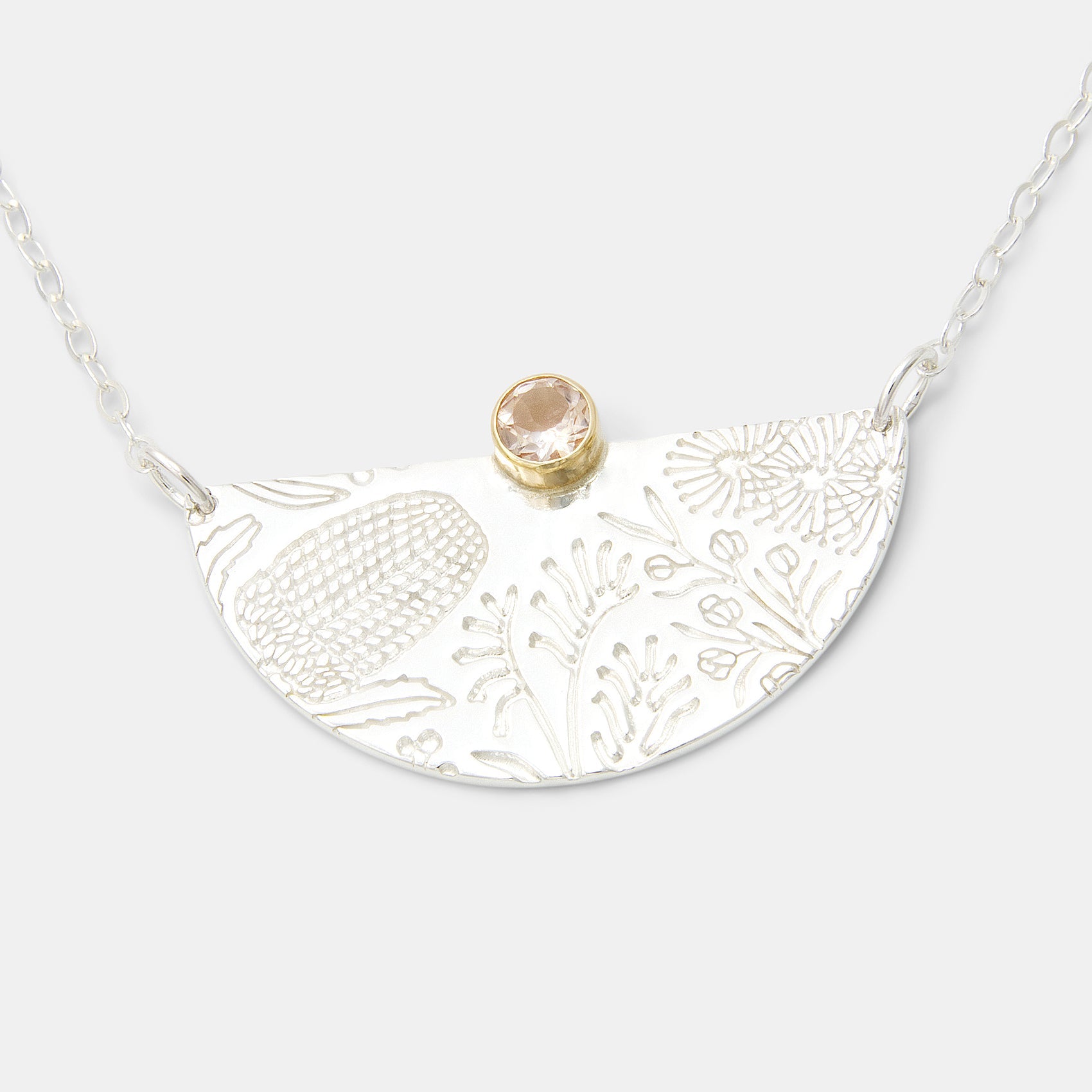 Australian Flora Half Pattern & Morganite Necklace - Simone Walsh Jewellery Australia