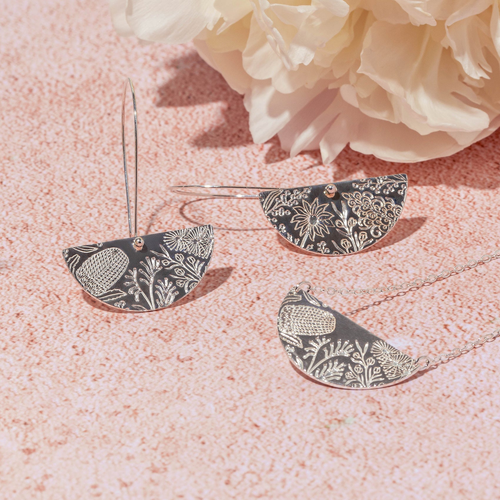 Australian Flora Half Pattern Silver Dangle Earrings - Simone Walsh Jewellery Australia