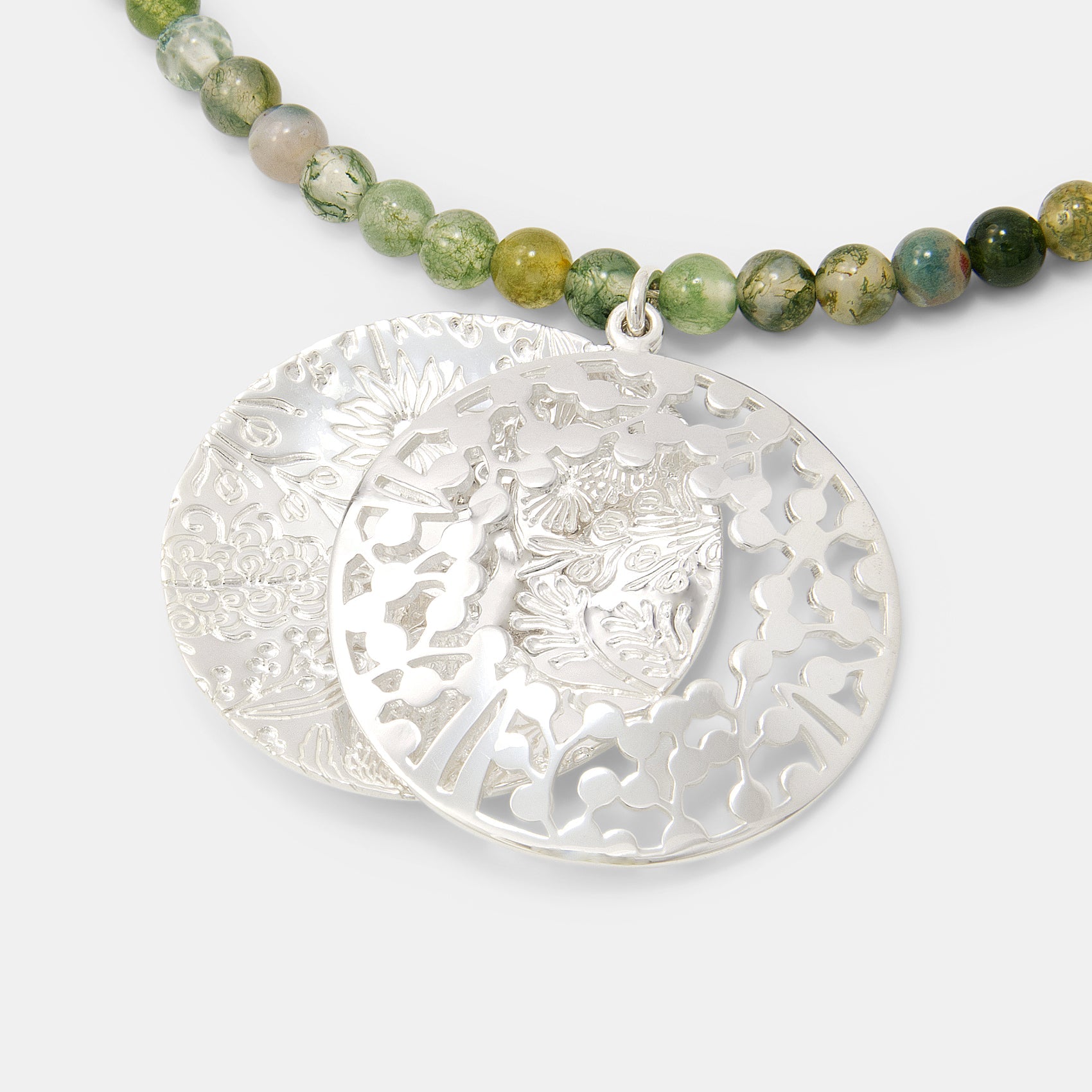 Australian Flora Open Locket on Moss Agate Necklace - Simone Walsh Jewellery Australia