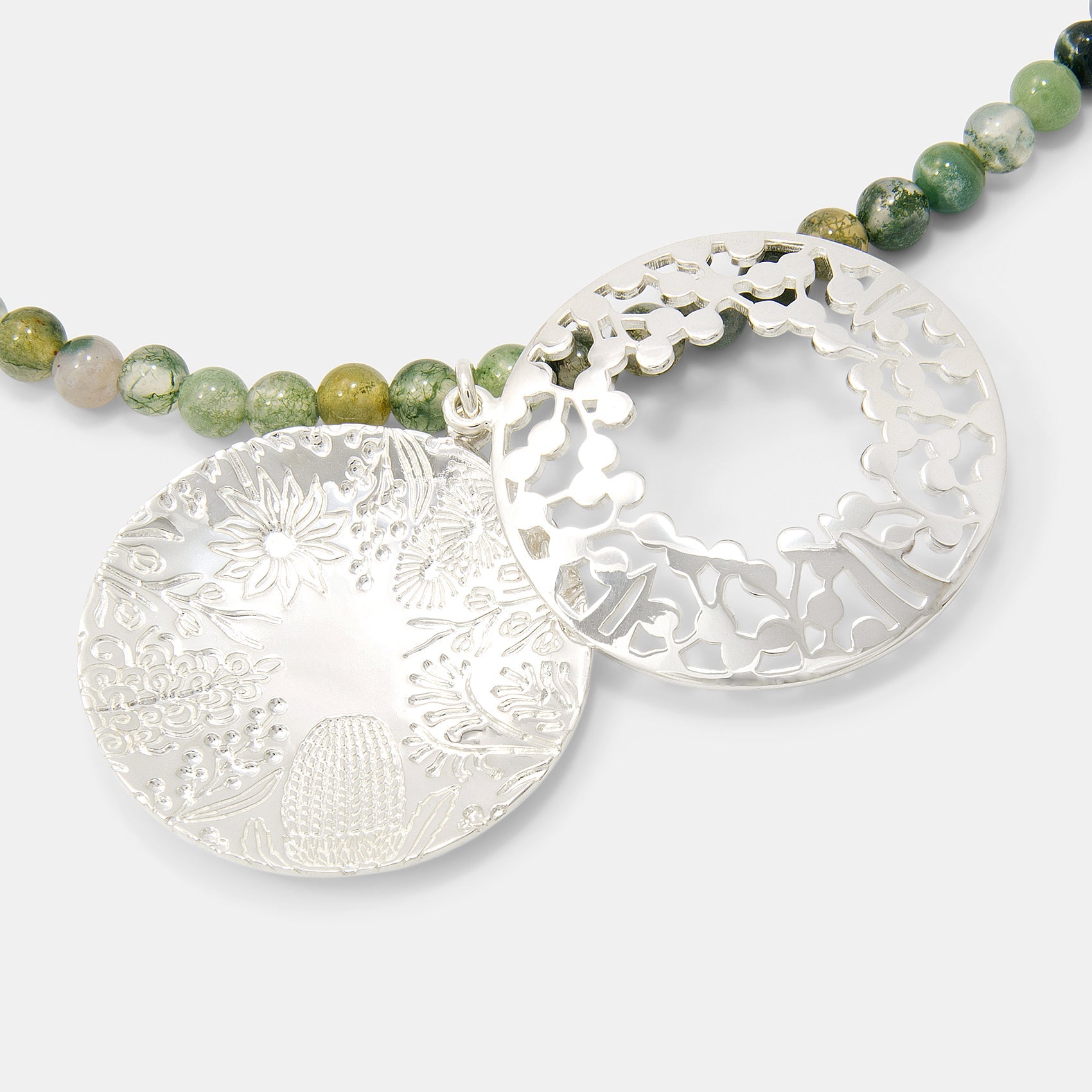 Australian Flora Open Locket on Moss Agate Necklace - Simone Walsh Jewellery Australia