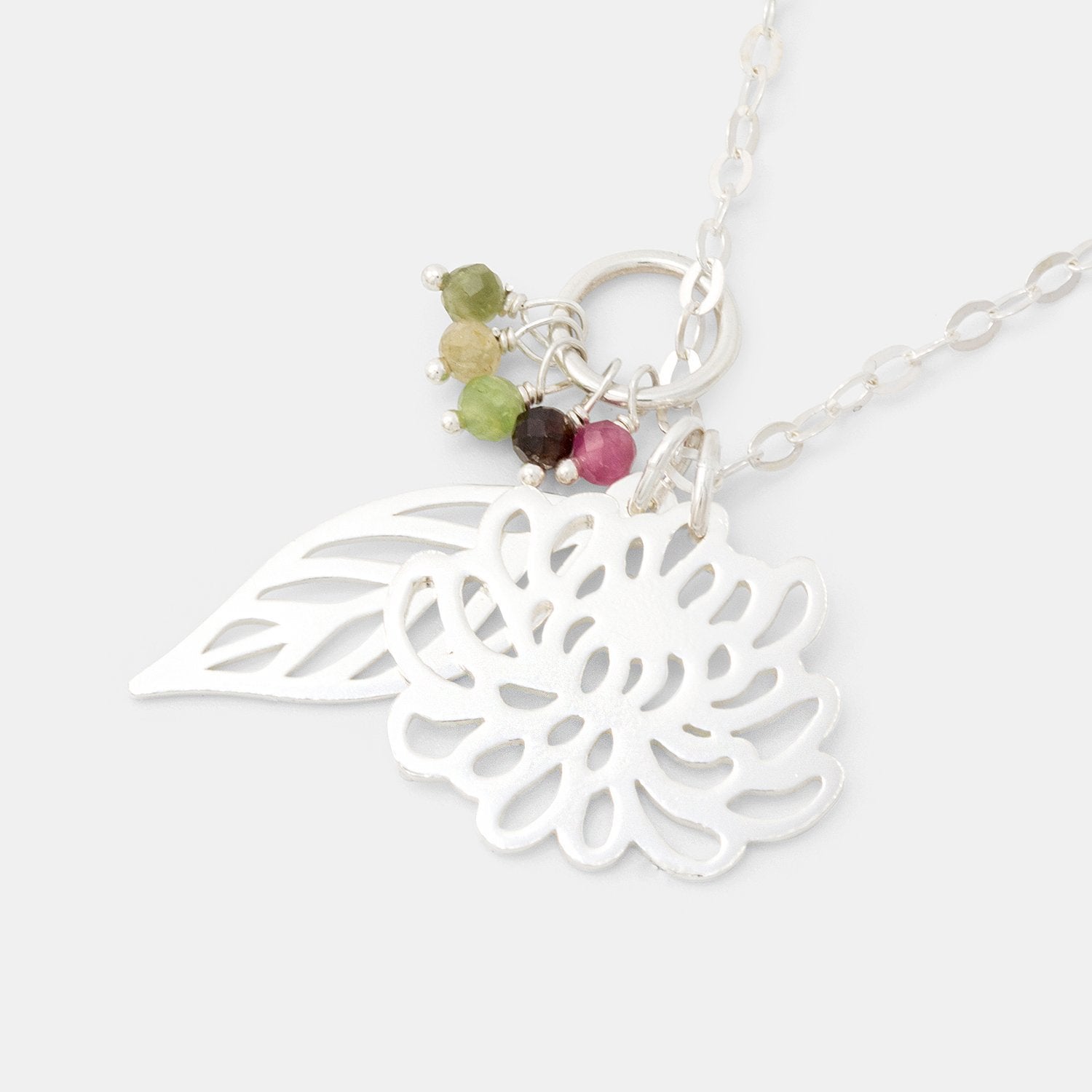 Chrysanthemum, leaf & tourmaline necklace - Simone Walsh Jewellery Australia