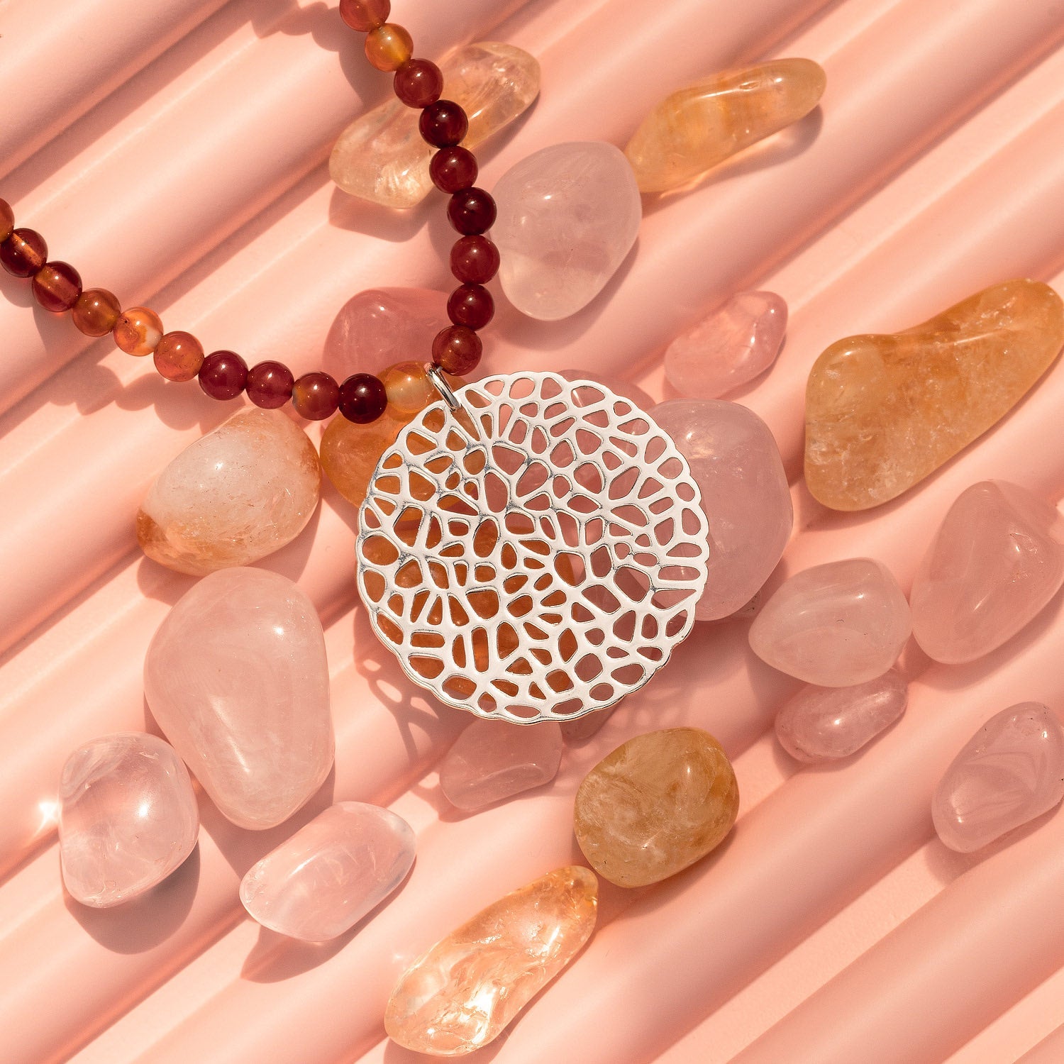 Coral pendant on red agate beaded necklace - Simone Walsh Jewellery Australia