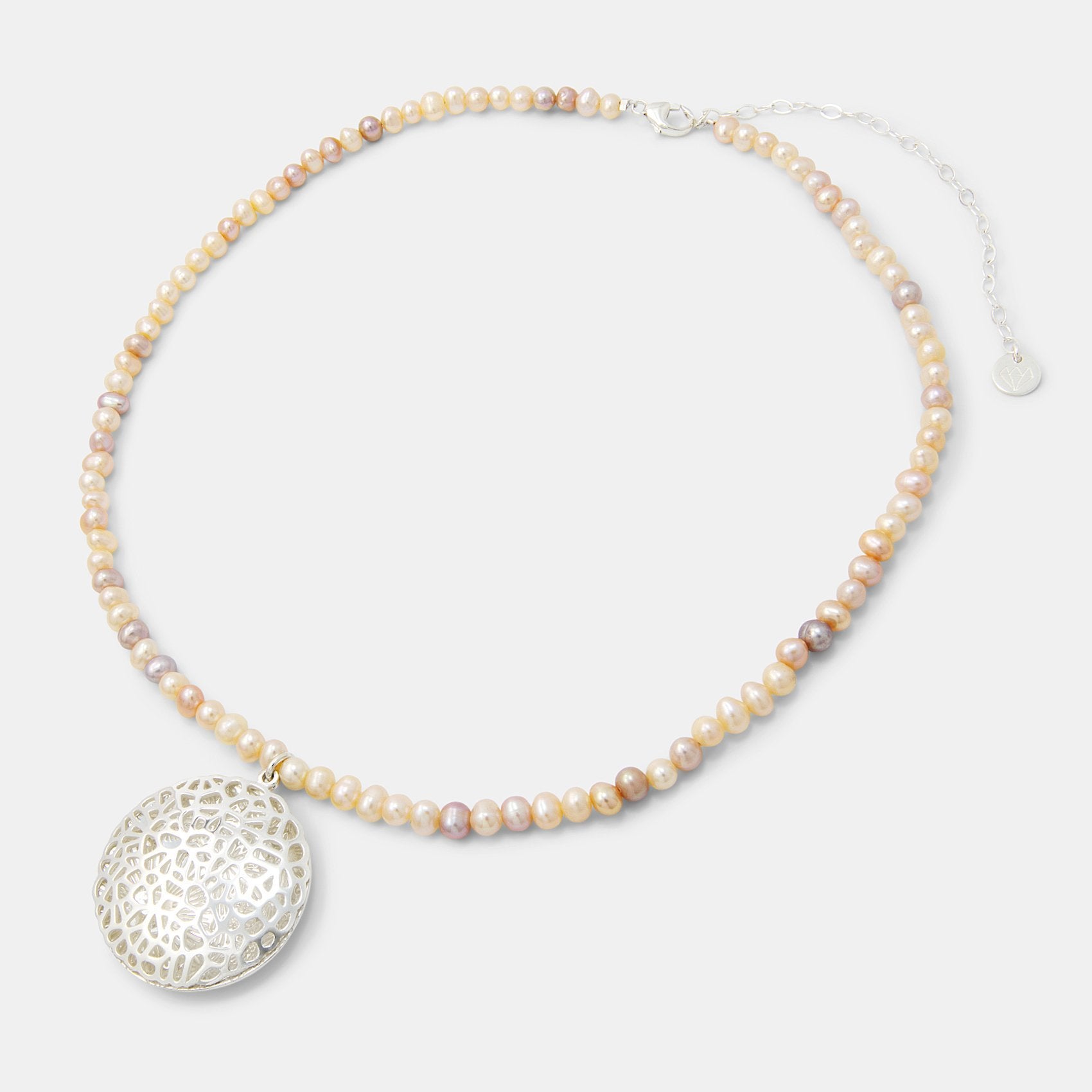 Coral reef open locket on peach pearl necklace - Simone Walsh Jewellery Australia