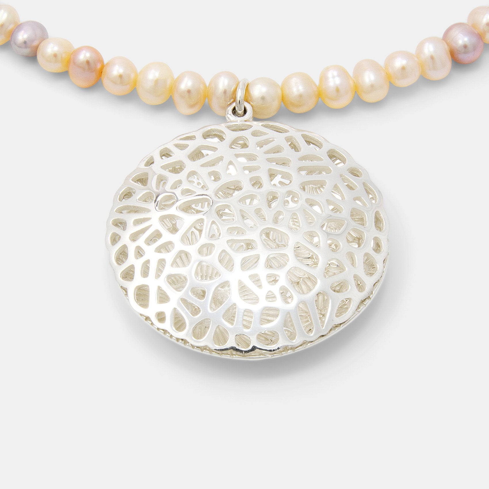 Coral reef open locket on peach pearl necklace - Simone Walsh Jewellery Australia