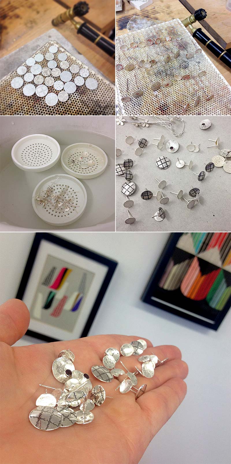 Process of making a batch of handmade sterling silver post earrings.