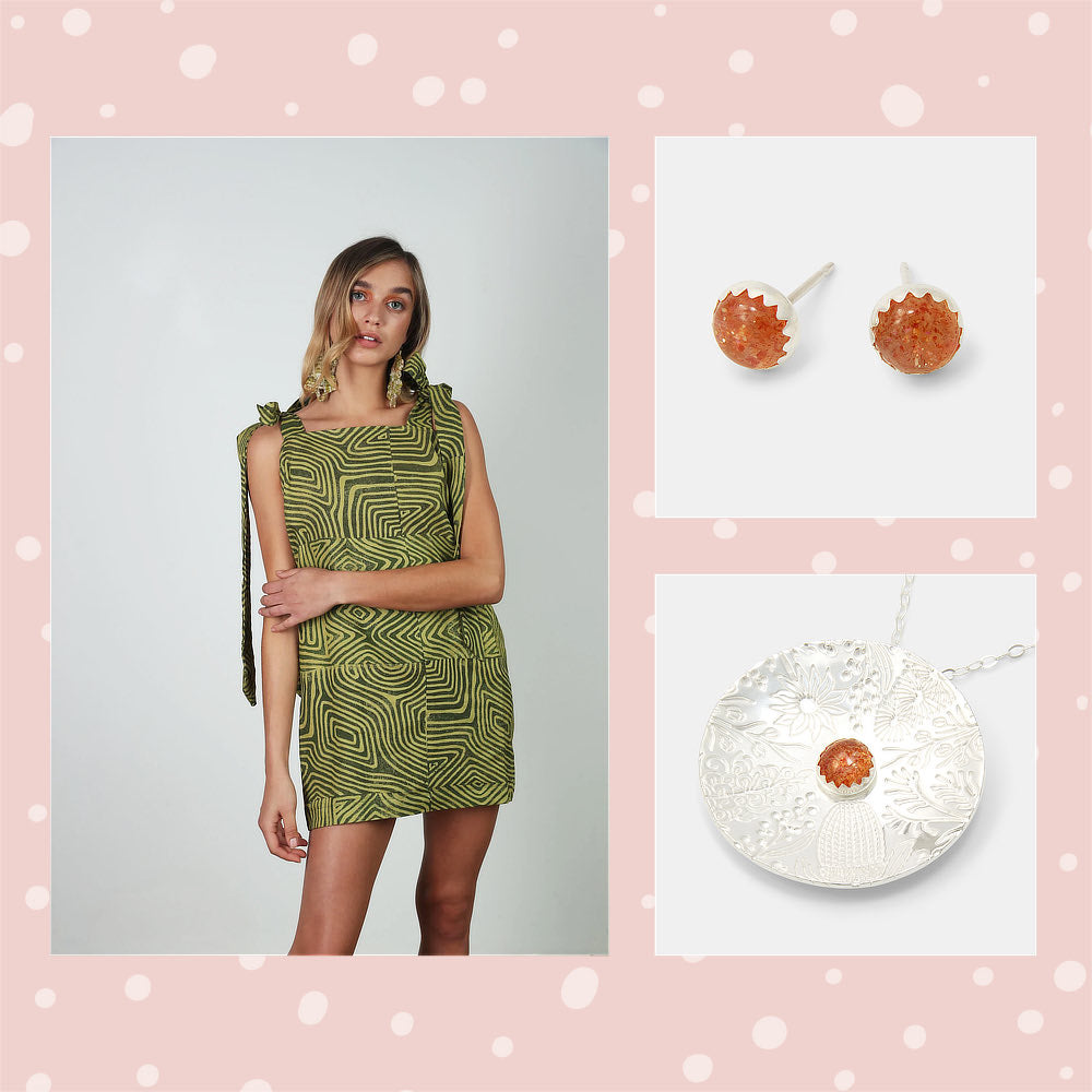 Ngayirr Mini Dress with sunstone pendant necklace and stud earrings in sterling silver