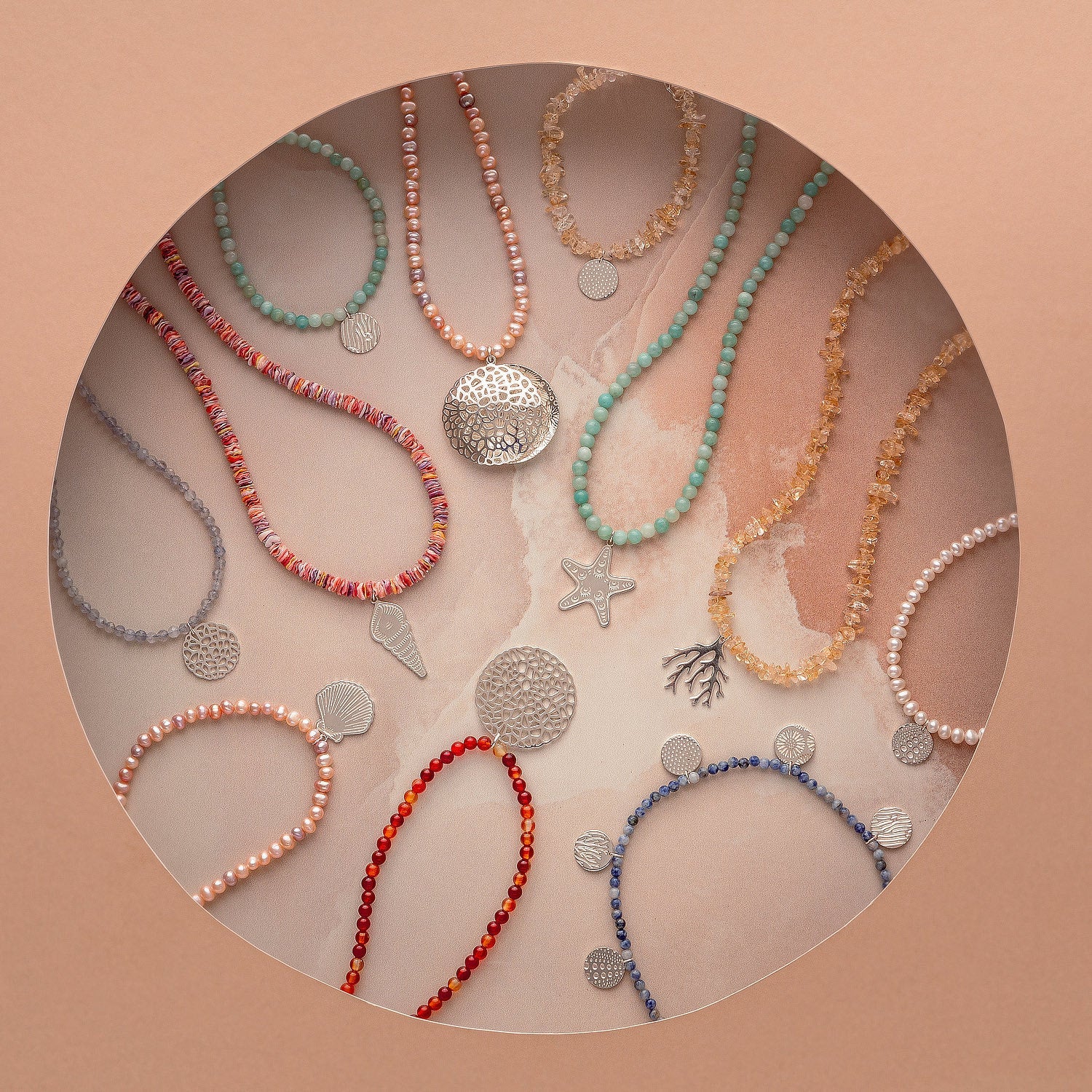 Spiral shell on scallop shell beaded necklace - Simone Walsh Jewellery Australia